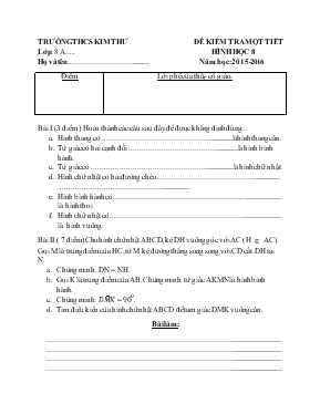 Đề kiểm tra một tiết Hình học 8 năm học 2015 - 2016